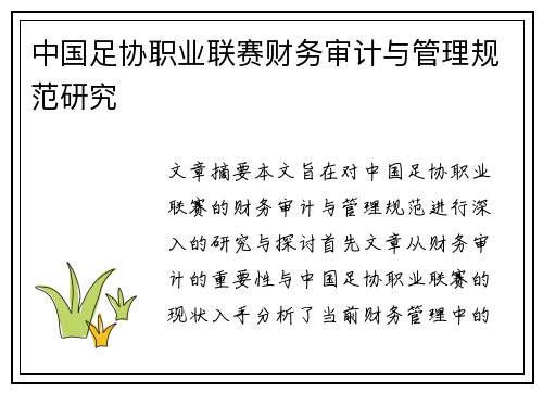 中国足协职业联赛财务审计与管理规范研究