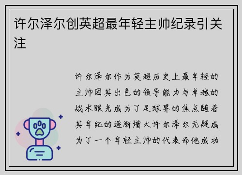 许尔泽尔创英超最年轻主帅纪录引关注 许尔泽尔创英超最年轻主帅纪录引关注